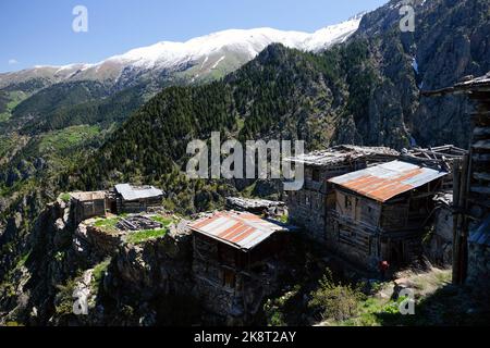 Traditionelle Plateauhäuser in der Aşağı-Sakora-Hochebene (Aşağı Sakora Yaylası) im Bezirk Yusufeli der Provinz Artvin. Stockfoto