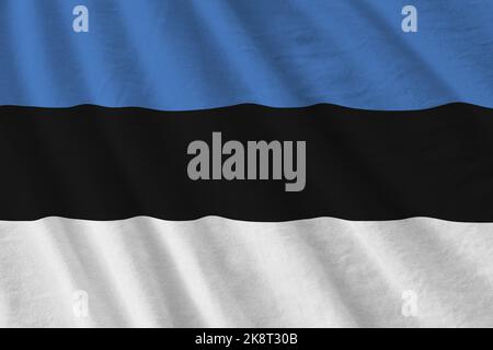 Estonia Flagge mit großen Falten winken aus nächster Nähe unter dem Studiolicht im Innenbereich. Die offiziellen Symbole und Farben in Stoff Banner Stockfoto