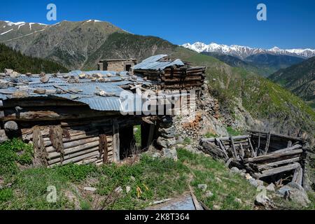 Traditionelle Plateauhäuser in der Hochebene Aşağı sakora (Aşağı sakora köyü) im Bezirk Yusufeli der Provinz Artvin. Stockfoto