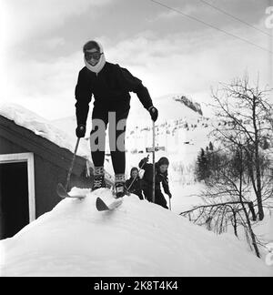 Gausdal 1955 - Königin Ingrid von Dänemark auf einem privaten Winterurlaub in Norwegen mit ihren drei Töchtern, Erbprinzessin Margrethe, Prinzessin Benedikte und Prinzessin Anne-Marie. Königin Ingrid hatte seit 20 Jahren keine Skier mehr auf den Beinen. Auf dem Bild zieht die Erbin von Prinzessin Margrethe Skier an. Foto: Sverre A. Børretzen / Aktuell / NTB Stockfoto