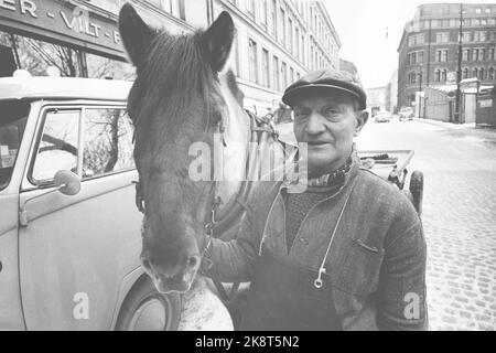 Oslo 19640314. Das Pferd Petter ist das einzige Arbeitslicht im Zentrum der Hauptstadt. Es migriert täglich zu Kunden im Zentrum von Oslo. Er macht eine Pause im Hinterhof, den Ivar Aasen zu seiner Zeit gelebt hat. Petters Fahrer heißt Simen Byfuglien 58 Jahre und kommt aus Etnedal in Valdres, der den Transport mit Pferd und Wagen betreibt. Foto: Sverre A. Børretzen Current / NTB Stockfoto