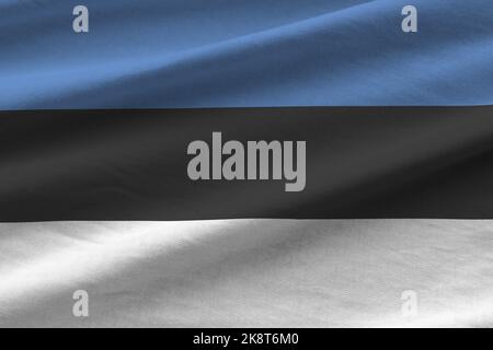 Estonia Flagge mit großen Falten winken aus nächster Nähe unter dem Studiolicht im Innenbereich. Die offiziellen Symbole und Farben in Stoff Banner Stockfoto