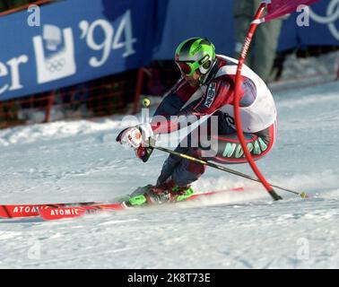 Hafjell 19940223. Die Olympischen Winterspiele in Lillehammer Alpine - Stork Slam, Men. Lasse Kjus (NOR) in Aktion. Foto: Pål Hansen / NTB Stockfoto