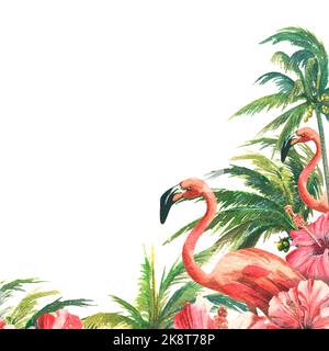 Rosa Flamingos mit Kokospalmen und roten Hibiskusblüten. Aquarellillustration aus der CUBA Kollektion. Für die Gestaltung und Dekoration von Stockfoto