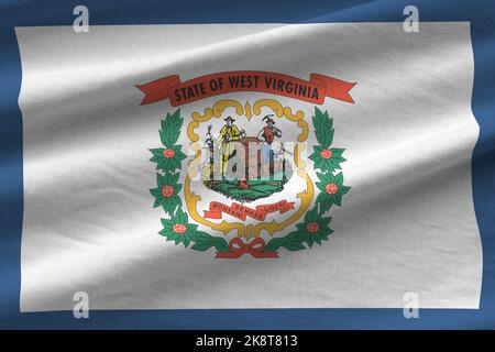 US-Staatsflagge von West Virginia mit großen Falten, die in Innenräumen unter dem Studiolicht aus der Nähe winken. Die offiziellen Symbole und Farben in Stoff Banner Stockfoto