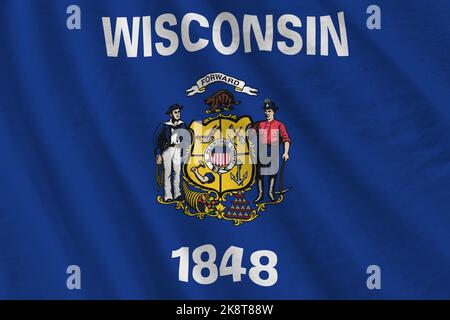 US-Staatsflagge von Wisconsin mit großen Falten, die in Innenräumen unter dem Studiolicht winken. Die offiziellen Symbole und Farben in Stoff Banner Stockfoto