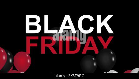 Black Friday Werbung mit roten, weißen und schwarzen Ballons, Hintergrund, 3D Illustration Stockfoto