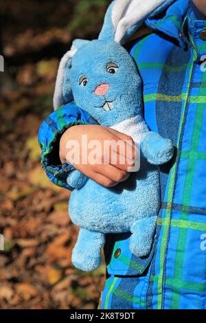 Lieblingsspielkaninchen aus Plüsch in der Hand eines Kindes im Autumn Park. Kaninchen - ein Symbol von 2023 Jahr nach dem östlichen Kalender. Neujahr Stockfoto