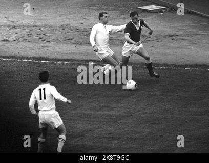 Bergen 19640701 Harald Berg, der 22-jährige Fußballspieler aus Bodø, ist der erste Vertreter einer nordnorwegischen Mannschaft, die in der A-Nationalmannschaft spielt. Er debütiert hier in Kampen Norwegen / Schweiz im Brann Stadium, Harald 'Dotte' Berg im Einsatz gegen zwei Schweizer Spieler. Foto: Storløkken / Aktuell / NTB Stockfoto