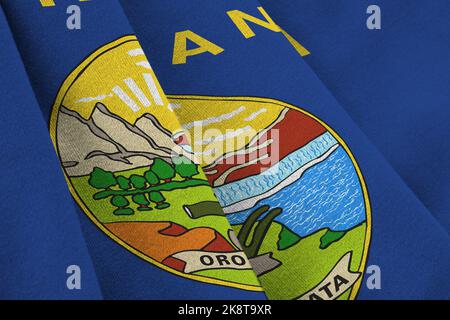 US-Staatsflagge von Montana mit großen Falten, die in Innenräumen unter dem Studiolicht winken. Die offiziellen Symbole und Farben in Stoff Banner Stockfoto