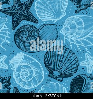 Seashell Nahtloses Muster. Sommerurlaub Meereshintergrund. Unterwasser-Ziertapete mit Muscheln und Sand Stock Vektor