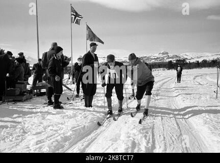 Beitostølen 19620323 unter der Leitung von Erling Stordahl und Håkon Brusveen finden in Beitostølen erstmals Skikurse für Blinde statt. Der Kurs endete mit einer Skipiste auf 2x5 Kilometern, und die meisten Blinden schafften die Goldmark. Hier schickt Instruktor Brusveen den blinden Skifahrer Arne Storlid auf den Trail. Foto: Aaserud / Aktuell / NTB Stockfoto