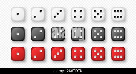 Vector 3D realistische Weiß, Schwarz, Rot Spielwürfel Icon Set Nahaufnahme isoliert. Spielwürfel zum Spielen, Casino Würfel von einem bis sechs Punkten, Runde Kanten Stock Vektor