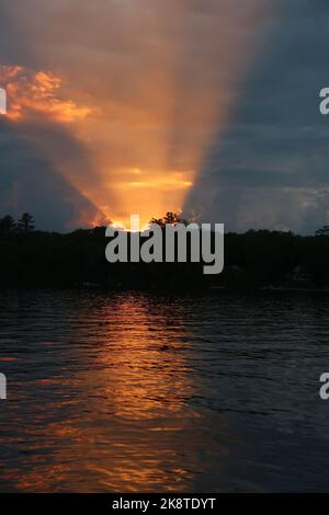 Eine faszinierende vertikale Aufnahme eines hellen Sonnenuntergangs hinter den Bäumen am Seeufer Stockfoto