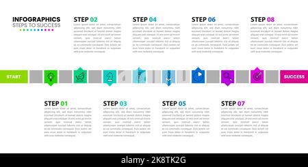 Infografik-Design-Vorlage. Timeline-Konzept mit 8 Schritten. Kann für Workflow-Layout, Diagramm, Banner, webdesign verwendet werden. Vektorgrafik Stock Vektor