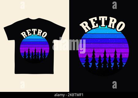 Ein cooles Vintage-T-Shirt-Design mit dem Wort RETRO und eine schlichte Landschaft eines Pinienwaldes bei Nacht Stock Vektor