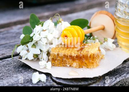 Honey Dipper , liegt Honey Stick auf Stück abgeschnitten frischen Honig in Waben. Akazienhonig in gar auf Holzgrund. Frühlingsstimmung. Selektiver Fokus. Stockfoto