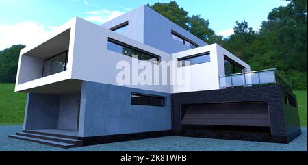 Futuristisches Design eines dreistöckigen Landhauses. Eingang zum Gebäude und Garage. Veredelung der Fassade mit Beton und schwarzem Backstein. 3D Rendern. Stockfoto