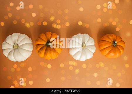 Eine Linie von Miniatur-Kürbissen und Blättern auf einer neutralen orangefarbenen Oberfläche für die Ernte Halloween Oktober November Home Dekor Stockfoto