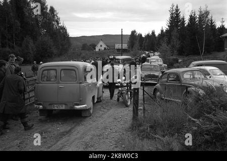 Hadeland 1963. September drei Gefangene sind aus dem Bots-Gefängnis in Oslo geflohen. Hunderte von Polizisten und Militärs mit Maoren, automatischen Waffen und Gewehren jagen in den Hadelands Tracts nach den entflohenen Gefangenen. Polizeibeamter auf dem Motorrad. Menschen und Autos überall. Foto: Svein Bakken, Ivar Aaserud, Sverre A. Børretzen, Aage Storløkken / Aktuell / NTB Stockfoto