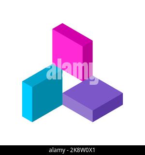 Drei bunte Blöcke um das Dreieck. Architektur, Gebäude, Baukonzept. Taste „Creative 3D Play“. Designvorlage für isometrisches abstraktes Logo. Stock Vektor