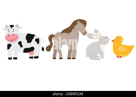 Waldcharaktere. Cartoon niedliche Tiere für Baby-Karten. Pferd, Hirsch, Huhn, Kuhhase Stock Vektor