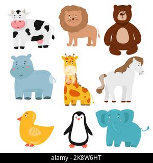 Set Safari Tiere Illustration Kuh Löwe Bär Nilpferd Giraffe Pferd Elefant Pinguin Ente Stock Vektor
