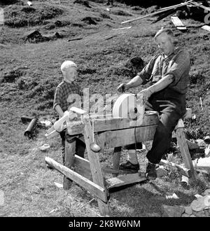 Flatdal in Telemark, August 1959. Fjellgården Ekre liegt 600 Meter über dem Meeresspiegel und in einem derart unwegsamen Gelände, dass "niemand denken würde, dass jemand es könnte BU". Hier der Bauer selbst, Bjørn Ekre, der auf dem Schleifstein im Hof grinst, mit seinem Sohn Bjarne (7) als Zuschauer. So wird ein alter Griff von Vater zu Sohn vererbt. Foto: Aage Storløkken / Aktuell / NTB Stockfoto