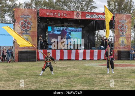 Buenos Aires, Argentinien - 24.. Oktober 2022: Japanischer junger Mann mit Flagge. EISA (japanischer Tanz mit Trommeln) in Varela Matsuri. Stockfoto