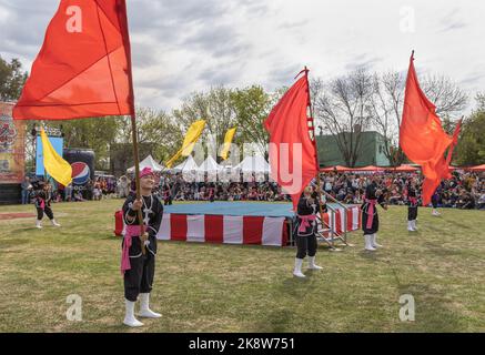 Buenos Aires, Argentinien - 24.. Oktober 2022: Japanischer junger Mann mit Flagge. EISA (japanischer Tanz mit Trommeln) in Varela Matsuri. Stockfoto