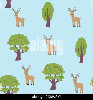 Wald-Nahtloses Muster mit Elchen und floralen Elementen. Niedliche Vektor Hand Hirsch Hintergrund in skandinavischen Stil. Perfekt für Tapeten, Stoff, textil Stock Vektor