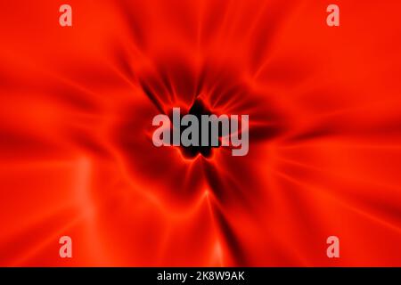 Schwarzes Loch auf rotem Hintergrund im Weltraum 3D Render. Stockfoto