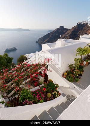 Blick von Firostefani in Richtung Skaros Rock auf der griechischen Insel Santorin. Anlage mit Blumenausstellungen im Vordergrund und Kreuzfahrtschiff. Stockfoto