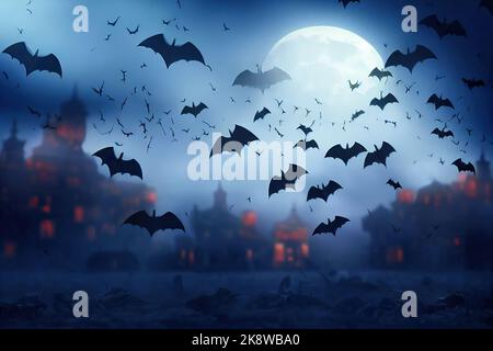 Eine unheimliche Fledermausszene, die an Halloween von der glühenden Kugel eines Mondes erleuchtet wird. Eine gruselige 3D Illustration und Horror Fantasy Thema. Stockfoto