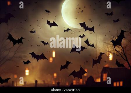 Eine unheimliche Fledermausszene, die an Halloween in einer Stadt von der glühenden Kugel eines Mondes erhellt wird. Eine gruselige 3D Illustration und Horror Fantasy Thema. Stockfoto