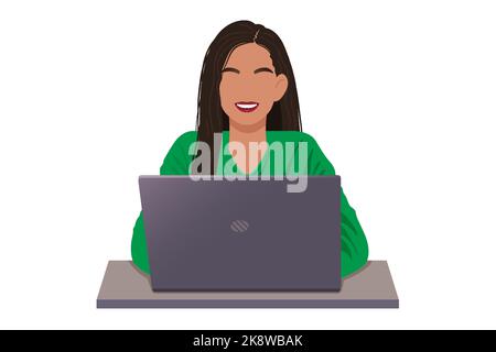 Lächelndes asiatisches Mädchen in einer grünen Bluse sitzt auf einem Laptop. Style ohne Gesicht. Vektordarstellung auf weißem Hintergrund isoliert Stock Vektor