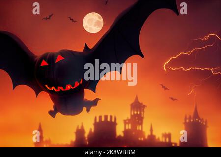 Eine gruselige Vampirburg thront auf einem Friedhof mit Halloween-Kürbissen, die in der Dunkelheit fliegen und am Halloween-Abend vom Mond erleuchtet werden. 3D Abbildung. Stockfoto
