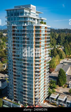 Luftaufnahme der Skyline von Coquitlam und Wohnhäusern. Aufgenommen im Großraum Vancouver, British Columbia, Kanada. Reisefoto, Nobody-Octob Stockfoto