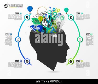 Infografik-Design-Vorlage. Kreatives Konzept mit 6 Schritten. Kann für Workflow-Layout, Diagramm, Banner, webdesign verwendet werden. Vektorgrafik Stock Vektor