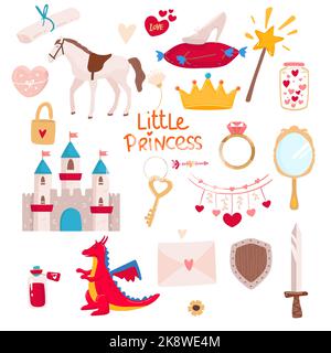 Set von Fantasy Einhörner und andere Gegenstände Märchen-Charaktere für Prinzessin Mädchen. Stock Vektor