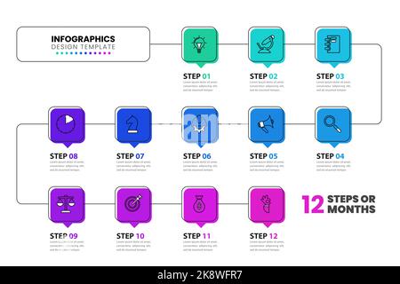 Infografik-Design-Vorlage. Timeline-Konzept mit 12 Schritten. Kann für Workflow-Layout, Diagramm, Banner, webdesign verwendet werden. Vektorgrafik Stock Vektor