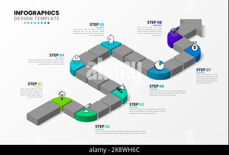 Infografik-Design-Vorlage. Timeline-Konzept mit 8 Schritten. Kann für Workflow-Layout, Diagramm, Banner, webdesign verwendet werden. Vektorgrafik Stock Vektor
