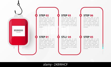 Infografik-Design-Vorlage. Blutspendekonzept mit 6 Schritten. Kann für Workflow-Layout, Diagramm, Banner, webdesign verwendet werden. Vektorgrafik Stock Vektor