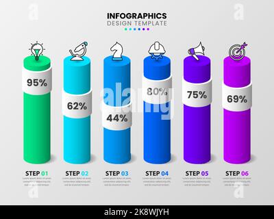 Infografik-Vorlage mit Symbolen und 6 Optionen oder Schritten. Spalten mit Prozentwerten. Kann für Workflow-Layout, Diagramm, Banner, webdesign verwendet werden. Vektor Stock Vektor