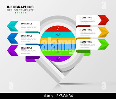 Infografik-Vorlage mit Symbolen und 6 Optionen oder Schritten. Zeiger. Kann für Workflow-Layout, Diagramm, Banner, webdesign verwendet werden. Vektorgrafik Stock Vektor