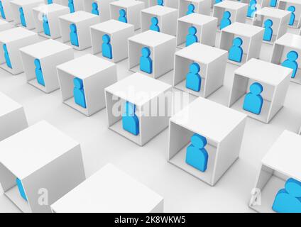 3D Illustration verschiedener Mitarbeiter oder Studenten, die sich in Boxen als Personensymbole zusammenschließen Stockfoto