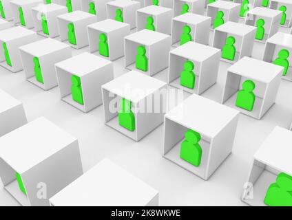 3D Illustration verschiedener Mitarbeiter oder Studenten, die sich in Boxen als Personensymbole zusammenschließen Stockfoto