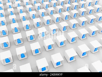 3D Illustration verschiedener Mitarbeiter oder Studenten, die sich in Boxen als Personensymbole zusammenschließen Stockfoto