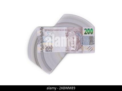 Offizielles Geld Brasiliens, reale Währung. Geld, Reais, zweihundert Reais Banknote in Nahaufnahme. Stockfoto