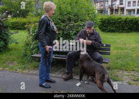 Der alte Mann mit flacher Kappe und einem Schnurrbart am Lenker auf einer Parkbank öffnet ein Leckerbissen für seinen großen Hund, die Frau lacht über die Aufregung des Haustieres. In Bacharach, Deutschland. Stockfoto